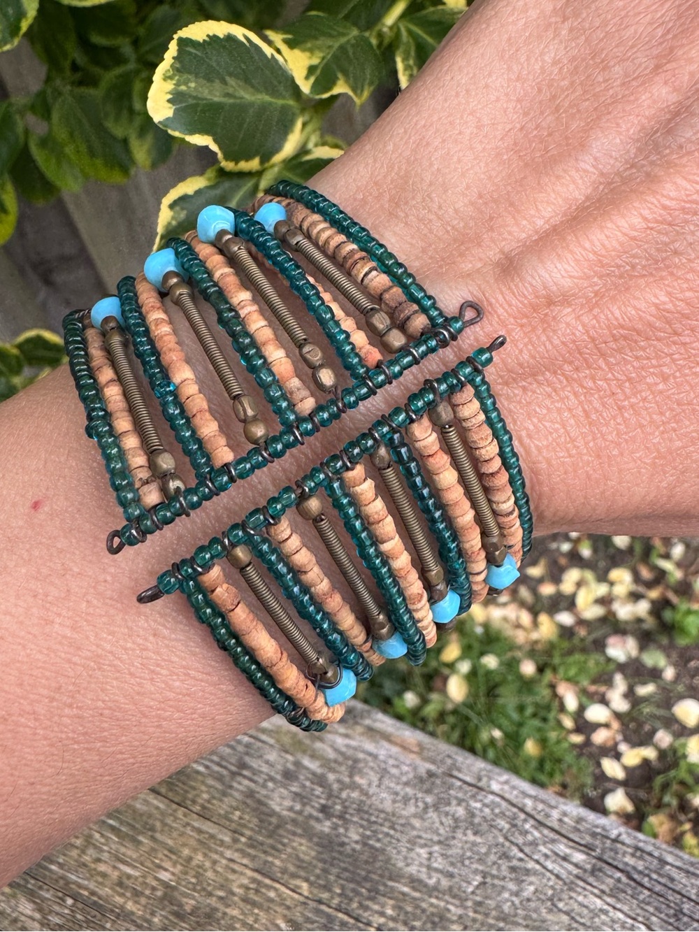Bohemian Turquoise Glass and Wood Bead Cuff Bracelet with Memory Wire